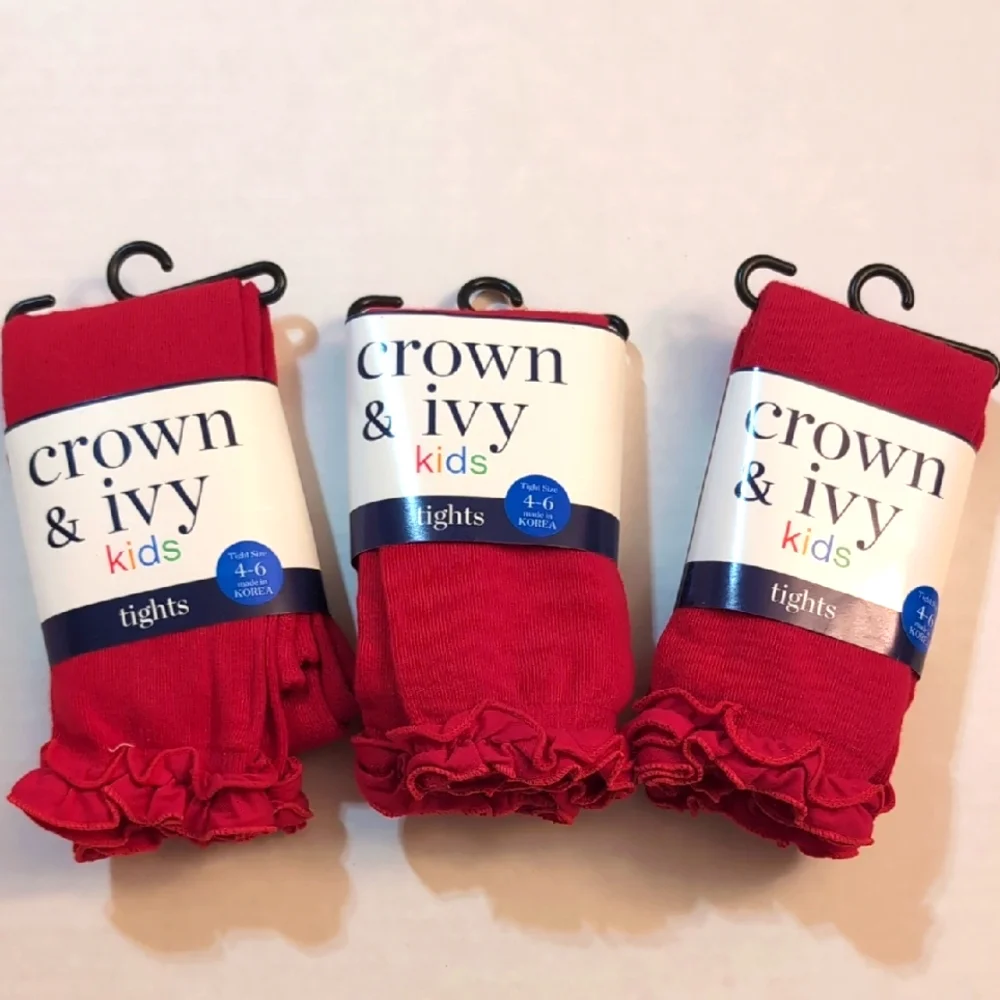 Crown & Ivy Footless Tights. Red. Ruffle Bottom. Set Of 3. Size 4-6